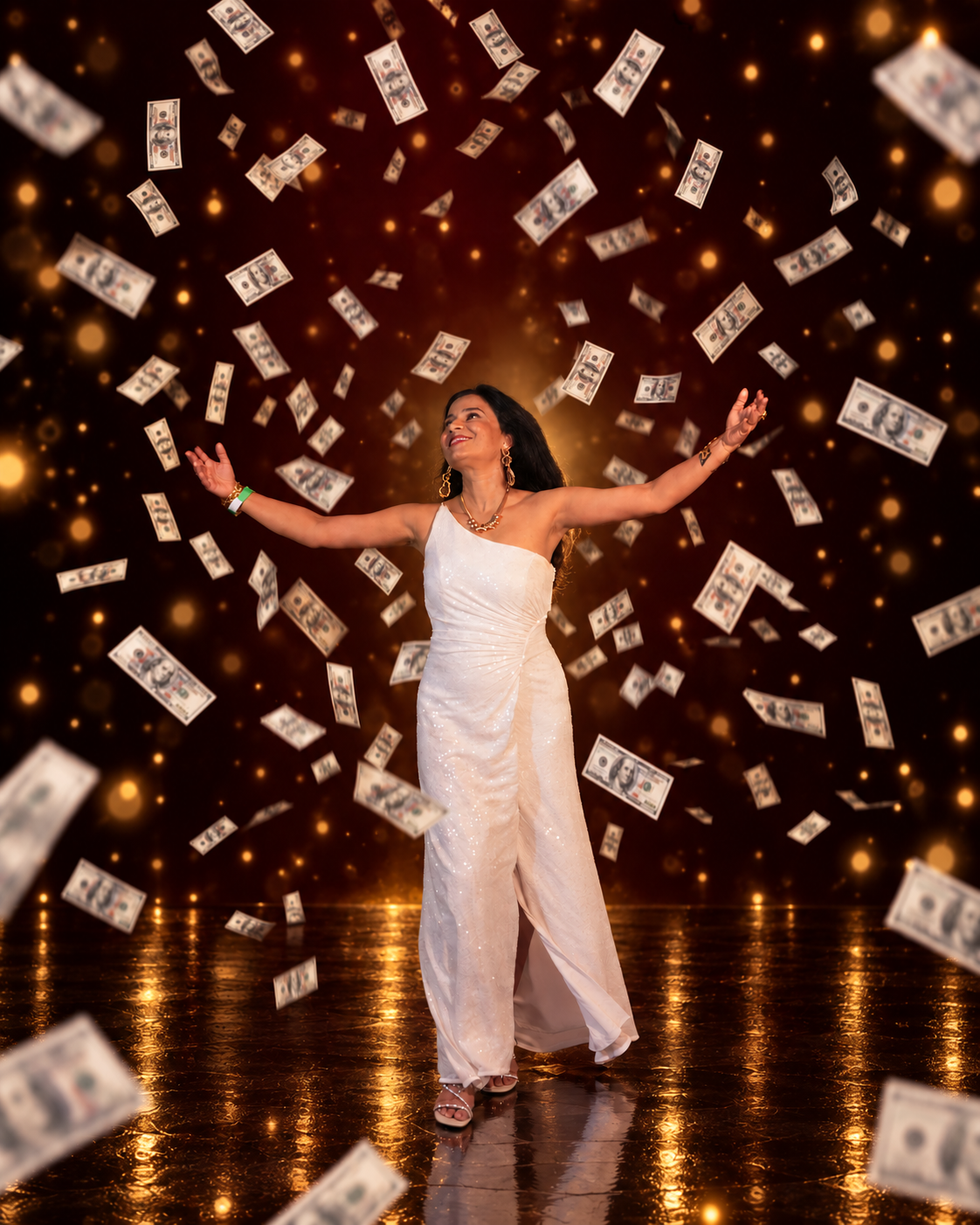 Leenna Joy smiling in a white gown with her arms open and her face lifted, surrounded by falling cash